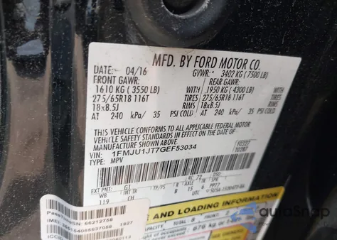 2016 Ford Expedition Xlt из США, поврежденный, VIN 1FMJU1JT7GEF53034